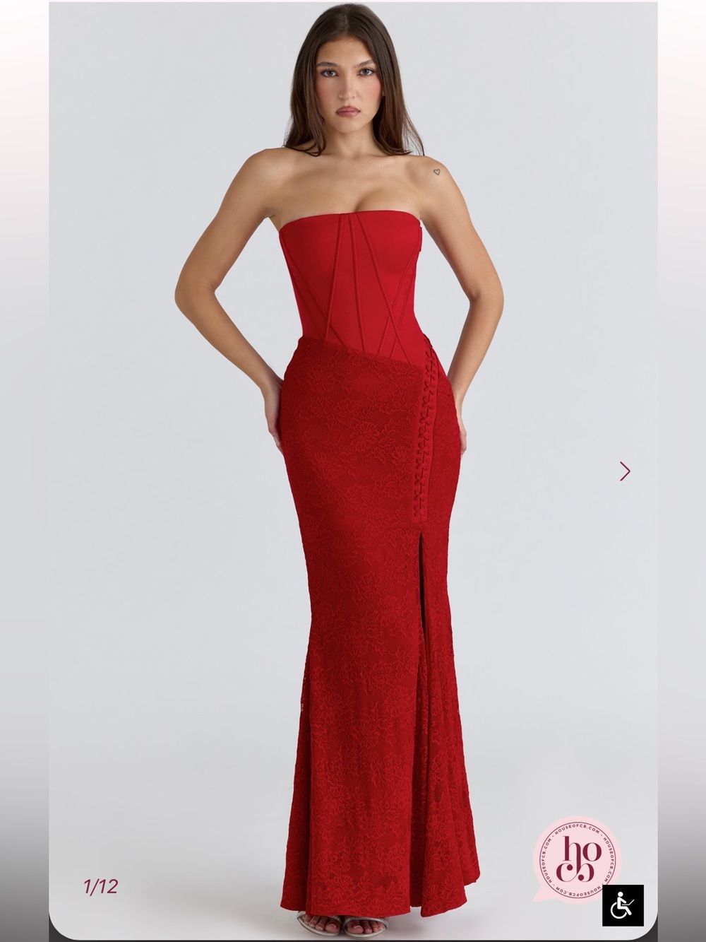 HOUSE OF CB Valerie Red Satin Lace Strapless Maxi Dress NWOT
